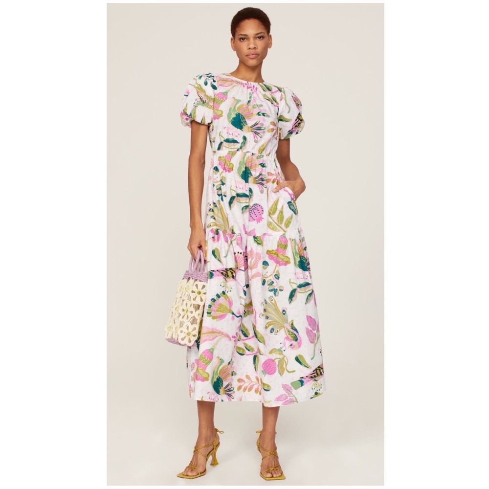 Banjanan Valeria Dress Womens Large Floral Organic Cotton Open Back Tiered Midi